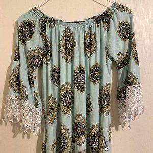 Turquoise bohemian 3/4 laced bell sleeve mini dress
